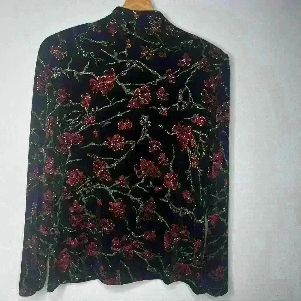 Xscape by Joanna Chen Floral Print Velvet Y2K Velvet Glittering Black Cardigan - Picture 4 of 6